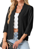 JWD Womens Cardigan 3/4 Sleeve Open Front Knit Sweater Ruffle Trim Lightweight Layering Top Casual Elegant Outerwear