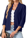JWD Womens Cardigan 3/4 Sleeve Open Front Knit Sweater Ruffle Trim Lightweight Layering Top Casual Elegant Outerwear