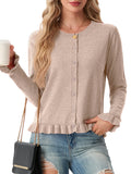 JWD Womens Cardigan Sweater Long Sleeve Crew Neck Button Front Knit Ruffle Trim Casual Lightweight Tops