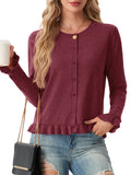 JWD Womens Cardigan Sweater Long Sleeve Crew Neck Button Front Knit Ruffle Trim Casual Lightweight Tops