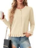 JWD Womens Cardigan Sweater Long Sleeve Crew Neck Button Front Knit Ruffle Trim Casual Lightweight Tops
