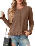 JWD Womens Cardigan Sweater Long Sleeve Crew Neck Button Front Knit Ruffle Trim Casual Lightweight Tops