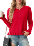JWD Womens Cardigan Sweater Long Sleeve Crew Neck Button Front Knit Ruffle Trim Casual Lightweight Tops