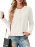 JWD Womens Cardigan Sweater Long Sleeve Crew Neck Button Front Knit Ruffle Trim Casual Lightweight Tops