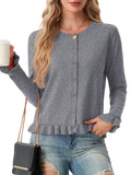 JWD Womens Cardigan Sweater Long Sleeve Crew Neck Button Front Knit Ruffle Trim Casual Lightweight Tops