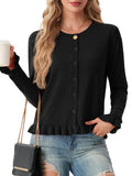 JWD Womens Cardigan Sweater Long Sleeve Crew Neck Button Front Knit Ruffle Trim Casual Lightweight Tops