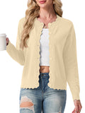 JWD Women's Long-Sleeved Crew Neck Scallop Edge Buttoned Cropped Cardigan Knitted Sweater