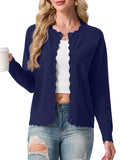 JWD Women's Long-Sleeved Crew Neck Scallop Edge Buttoned Cropped Cardigan Knitted Sweater