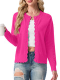 JWD Women's Long-Sleeved Crew Neck Scallop Edge Buttoned Cropped Cardigan Knitted Sweater