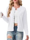 JWD Women's Long-Sleeved Crew Neck Scallop Edge Buttoned Cropped Cardigan Knitted Sweater