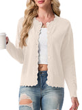 JWD Women's Long-Sleeved Crew Neck Scallop Edge Buttoned Cropped Cardigan Knitted Sweater