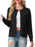 JWD Women's Long-Sleeved Crew Neck Scallop Edge Buttoned Cropped Cardigan Knitted Sweater
