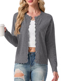 JWD Women's Long-Sleeved Crew Neck Scallop Edge Buttoned Cropped Cardigan Knitted Sweater