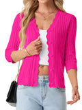 JWD Womens Cardigan 3/4 Sleeve Button Front Knit Sweater Ribbed Texture Scalloped Trim Lightweight Layering Top