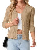 JWD Womens Cardigan 3/4 Sleeve Button Front Knit Sweater Ribbed Texture Scalloped Trim Lightweight Layering Top