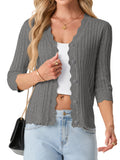 JWD Womens Cardigan 3/4 Sleeve Button Front Knit Sweater Ribbed Texture Scalloped Trim Lightweight Layering Top