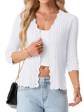 JWD Womens Cardigan 3/4 Sleeve Button Front Knit Sweater Ribbed Texture Scalloped Trim Lightweight Layering Top