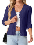 JWD Womens Cardigan 3/4 Sleeve Button Front Knit Sweater Ribbed Texture Scalloped Trim Lightweight Layering Top