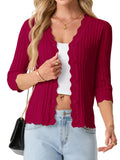 JWD Womens Cardigan 3/4 Sleeve Button Front Knit Sweater Ribbed Texture Scalloped Trim Lightweight Layering Top