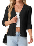 JWD Womens Cardigan 3/4 Sleeve Button Front Knit Sweater Ribbed Texture Scalloped Trim Lightweight Layering Top