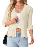 JWD Womens Cardigan 3/4 Sleeve Button Front Knit Sweater Ribbed Texture Scalloped Trim Lightweight Layering Top