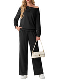 JWD Women's Off Shoulder 2 Piece Knit Matching Set Long Sleeve Pullover Top with Drawstring Wide Leg Pants