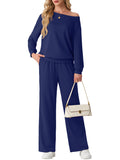 JWD Women's Off Shoulder 2 Piece Knit Matching Set Long Sleeve Pullover Top with Drawstring Wide Leg Pants