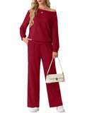 JWD Women's Off Shoulder 2 Piece Knit Matching Set Long Sleeve Pullover Top with Drawstring Wide Leg Pants