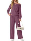 JWD Women's Off Shoulder 2 Piece Knit Matching Set Long Sleeve Pullover Top with Drawstring Wide Leg Pants