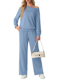 JWD Women's Off Shoulder 2 Piece Knit Matching Set Long Sleeve Pullover Top with Drawstring Wide Leg Pants