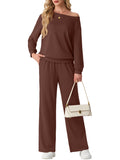 JWD Women's Off Shoulder 2 Piece Knit Matching Set Long Sleeve Pullover Top with Drawstring Wide Leg Pants