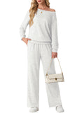 JWD Women's Off Shoulder 2 Piece Knit Matching Set Long Sleeve Pullover Top with Drawstring Wide Leg Pants