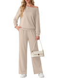 JWD Women's Off Shoulder 2 Piece Knit Matching Set Long Sleeve Pullover Top with Drawstring Wide Leg Pants