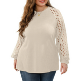 JWD Plus Size Tops for Women Lace Sleeve Blouse Waffle Knit Long/Short Sleeve Shirts