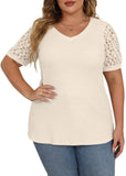 JWD Plus Size Tops For Women Summer Blouse Waffle Knit Short Lace Sleeve Shirts Plus Size Womens Clothes