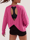 JWD Womens Open Back Long Sleeve Workout Top Loose Fit Crew Neck Thumb Hole Pullover Yoga Shirt