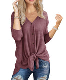 JWD Women's Waffle Knit Tunic Blouse Tie Knot Henley Tops Loose Fitting Bat Wing Plain Shirt