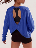 JWD Womens Open Back Long Sleeve Workout Top Loose Fit Crew Neck Thumb Hole Pullover Yoga Shirt