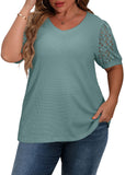 JWD Plus Size Tops For Women Summer Blouse Waffle Knit Short Lace Sleeve Shirts Plus Size Womens Clothes