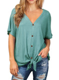 JWD Womens Waffle Knit Tunic Blouse Tie Knot Short Sleeve Henley Tops Loose Fitting Bat Wing Shirts