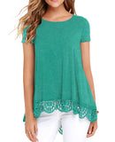 JWD Women's Tops Short Sleeve Lace Trim O-Neck A Line Tunic Blouse Royal