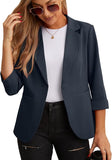 JWD Women's Casual 3/4 Ruched Sleeve Blazer - Slim Fit Open Front Notched Lapel Work Office Suit Jacket with Pockets