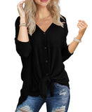 JWD Women's Waffle Knit Tunic Blouse Tie Knot Henley Tops Loose Fitting Bat Wing Plain Shirt