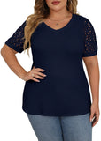 JWD Plus Size Tops For Women Summer Blouse Waffle Knit Short Lace Sleeve Shirts Plus Size Womens Clothes