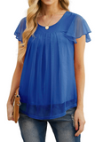 JWD Women's Slim Short Sleeve Shirt Blouse Double Layers Mesh Pleated Shirts Summer Trendy Casual Tops Black-XL