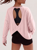 JWD Womens Open Back Long Sleeve Workout Top Loose Fit Crew Neck Thumb Hole Pullover Yoga Shirt