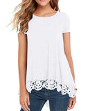 JWD Women's Tops Short Sleeve Lace Trim O-Neck A Line Tunic Blouse Royal