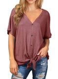 JWD Womens Waffle Knit Tunic Blouse Tie Knot Short Sleeve Henley Tops Loose Fitting Bat Wing Shirts