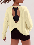 JWD Womens Open Back Long Sleeve Workout Top Loose Fit Crew Neck Thumb Hole Pullover Yoga Shirt