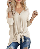 JWD Women's Waffle Knit Tunic Blouse Tie Knot Henley Tops Loose Fitting Bat Wing Plain Shirt